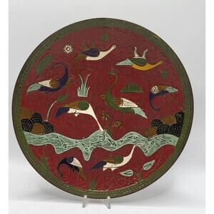 Vintage Indian Brass Enamel Bird Plate Red Wall Hanging 6”